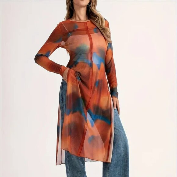 Red Orange Split Hem Tie Dye Overlay Top - Picture 2 of 4